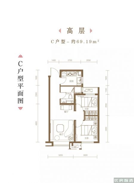 建面建筑面积：约69平米