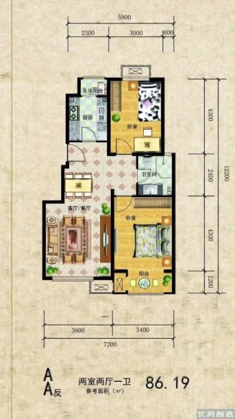 2室2厅1卫建面建筑面积：约86平米