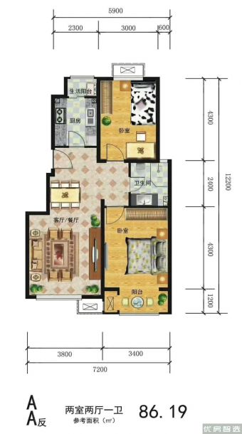 2室2厅1卫建面建筑面积：约86平米