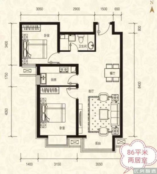 建面建筑面积：约86平米