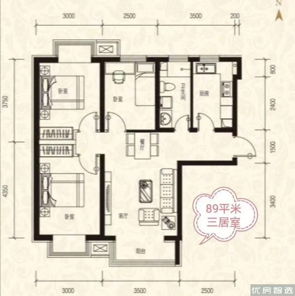 建面建筑面积：约89平米